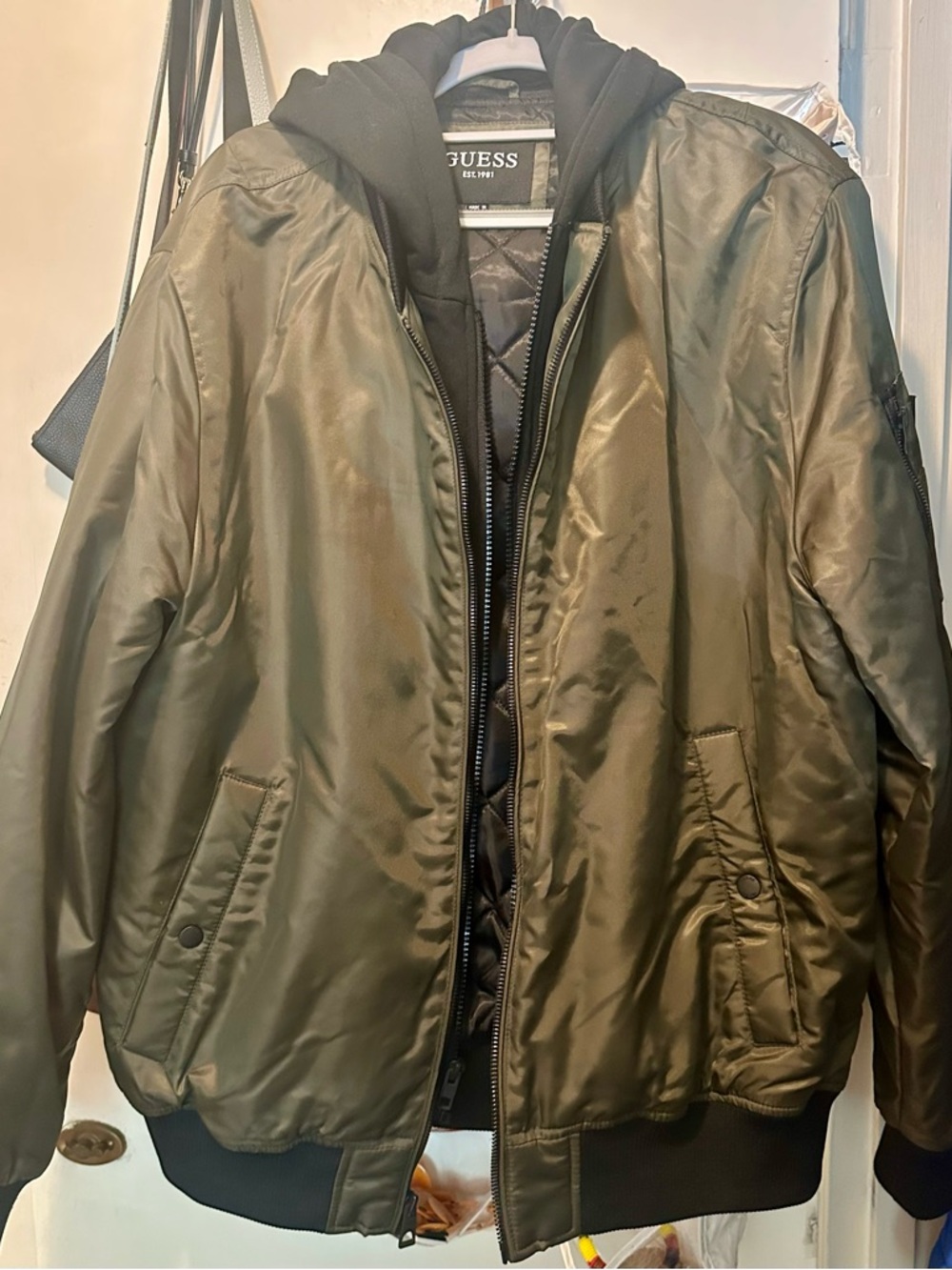 GUESS Olive Green Bomber Jacket with Black Hooded Liner, large in men’s